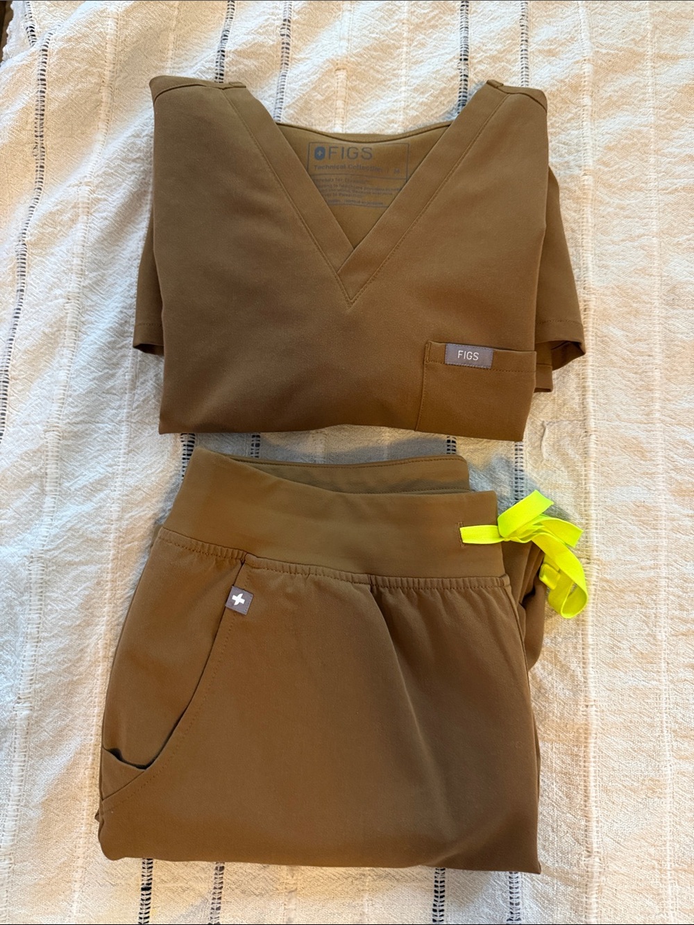 Figs Scrub Top PO 5324 and Jogger Pants in Brown with Neon Yellow Drawstring